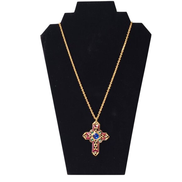 Vintage Avon Cross Pendant Necklace Gold Tone Red Enamel Blue Green Cabochon - Picture 1 of 12